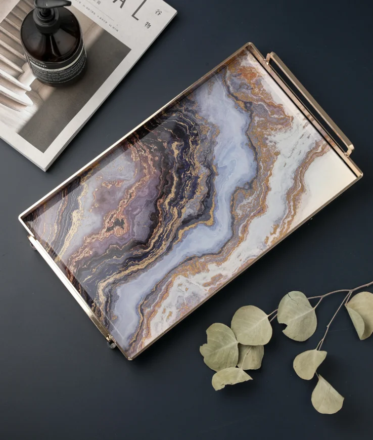 35.4*22.6*6.9cm Light Luxury Storage Trays Metal+ Glass Jewelry Service Tray Milk Bread Food Tray Restaurant Trays Decorative