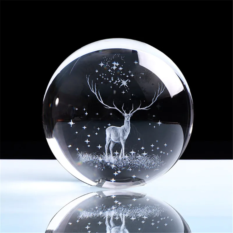 

3D Laser Engraved Elk Glass Crystal Ball Plant Art Ornament Collectible Figurines Home Miniature Decoration Accessories Gifts