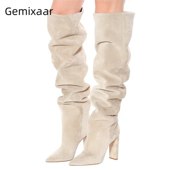 

Sexy Pointed Toe Winter Botas Mujer Chunky Heel Knee-high Boots Pleated Suede Long Booties Autumn Runway Boots Women