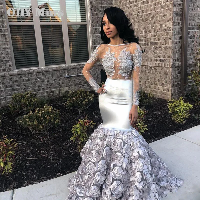 

Silver African Mermaid Evening Dress 2019 New Rose Flower Skirt Long Sleeves Elegant Prom Dresses Abendkleider Robe de soiree