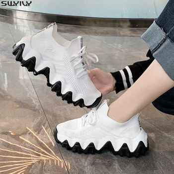 

SWYIVY Chaussures Femme Mesh Casual Shoes Woman Med Heel Chunky Sneakers For Women Spring 2020 White Shoes Women Sneakers Ladies