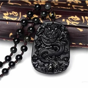 

100% Natural Black Obsidian Hand Carved Dragon Blessing Lucky Pendant Necklace