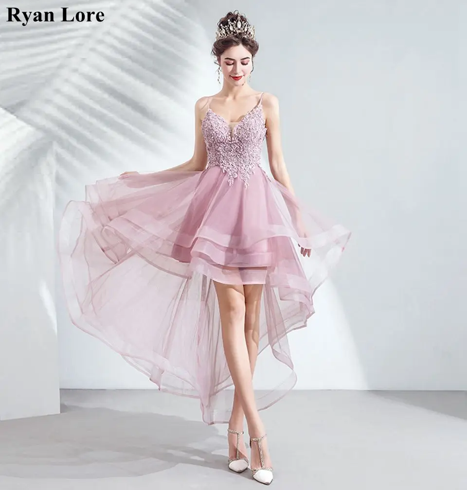 

Pink Short Front Long Back Prom Dresses Women V-Neck Appliques Formal Evening Dress Backless Party Night Robe De Soiree 2020 New