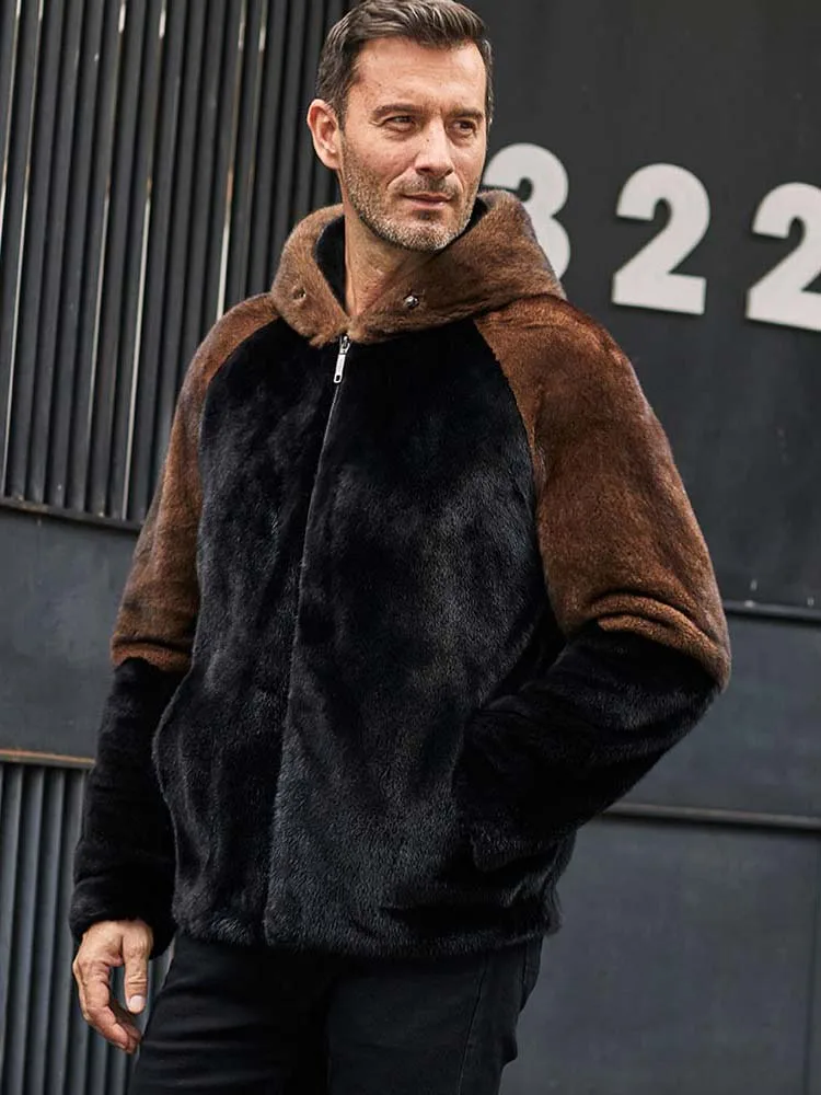 Imported Black Mink Coat Mens Fur Jacket Warmest Winter Overcoat Natural Hooded Outwear black imported whole mink mink women s marten overcoats fur coat