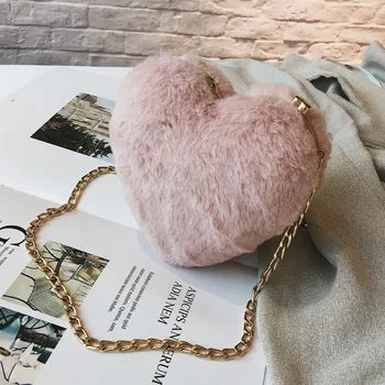 

Faux Fur Heart Shape Small Shoulder Bag For Women Winter Fashion Rabbit Hair Mini Chain Bag Love Diagonal Phone Bag