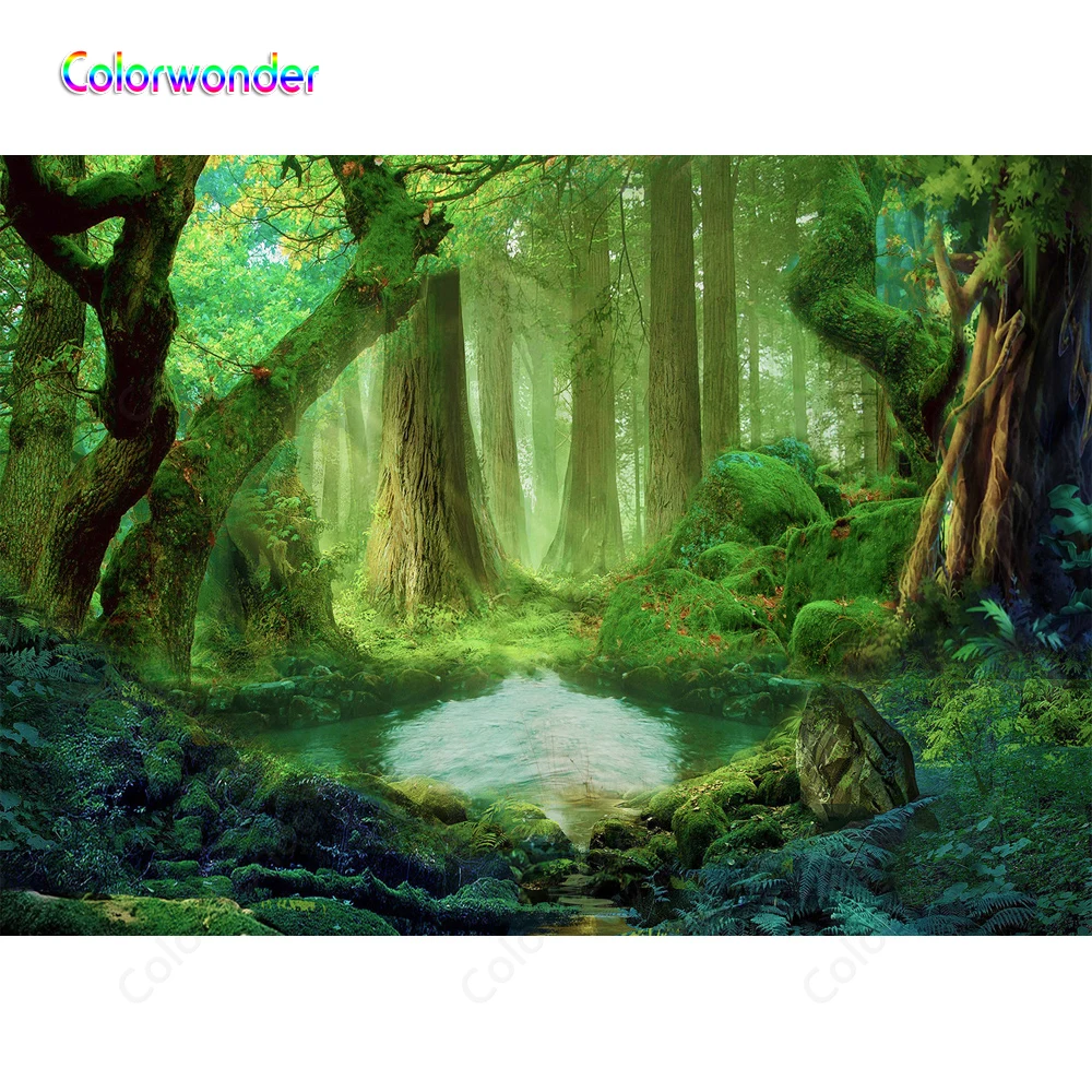 Photography Magic Forest Spring Scenery 7x5ft Children Portrait Scenic Photo River Green Trees with Stone Background Backdrops |