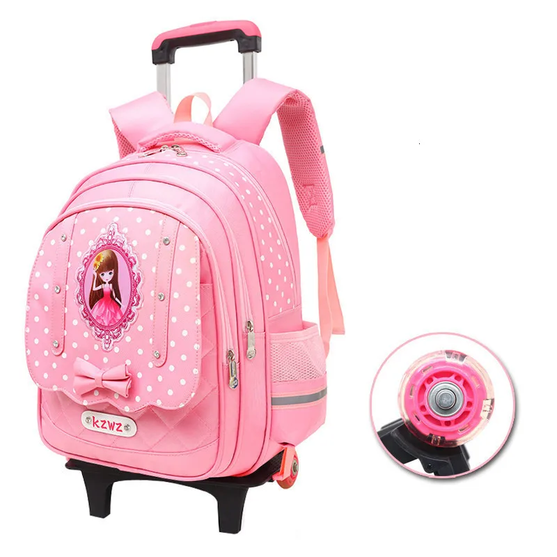 2 wheels pink Рюкзак для девочек, Съемный Детский Школьный рюкзак, 2/6 колесиков для принцессы, рюкзак на колесиках для мальчиков, Детский рюкзак для скалолазания по ступенькам, сумка на колесиках - Цвет: 2 wheels pink