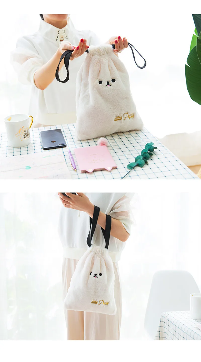 Bentoy Cute Dog Embroidery Drawstring Bag Plush Travel Clothes Organizer Tote Handbag Bouquet Pocket Women Shoulder Bag