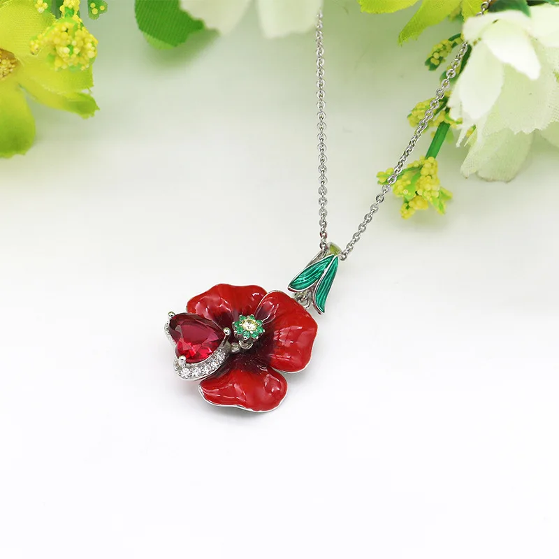 Богемное красное цветочное ожерелье с подвеской из эмали для женщин темпераментное большое сердце циркониевое серебряное ожерелье из ключицы