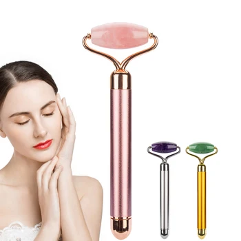 

Electric Vibrating Natural Rose Quartz Jade Roller Face Lifting Real Genuine Green Jade Stone Facial Roller Beauty Massage Tool