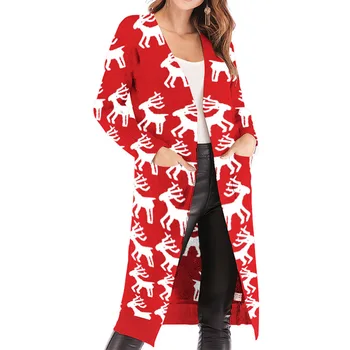 

Women Cardigan Christmas Leopard Print Autumn Winter Pockets Sweater Casual Loose Cardigan JL