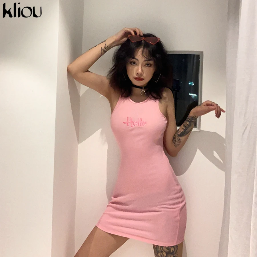 

Kliou 2019 new letters Embroidery sleeveless girls slit sexy mini dress autumn women sexy slim pink club streetwear outfits