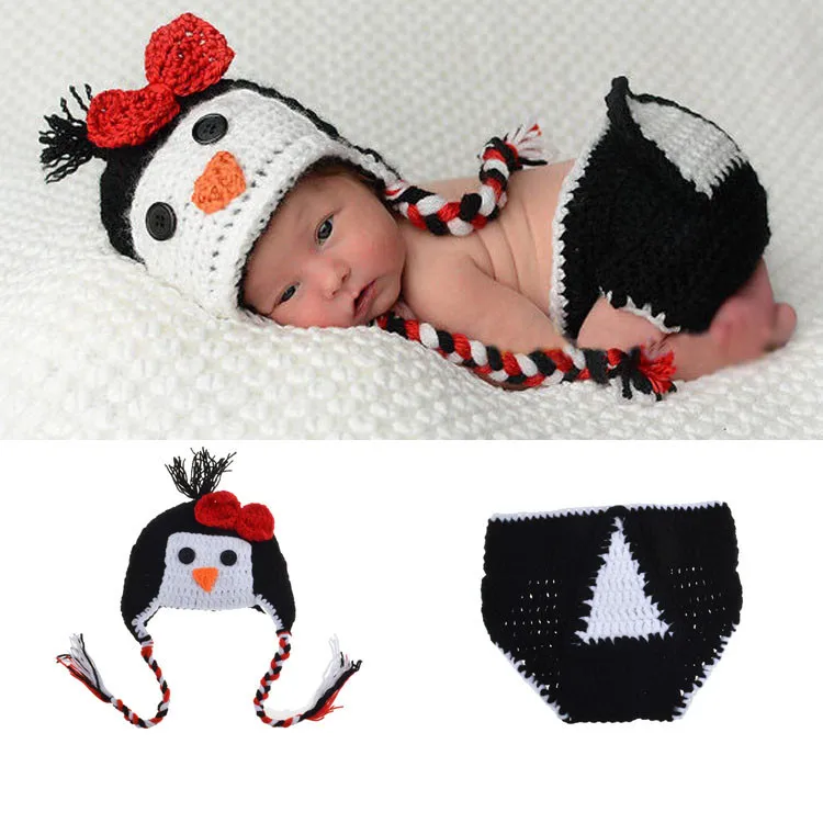

Newborn Baby Knitted Photography Suit Penguin Children's Hat Photography Costume Full Moon Hundred Days Baby Photo Props