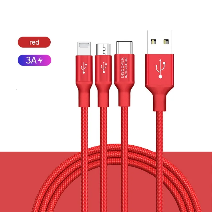 Нейлоновый Плетеный Универсальный 3 в 1 usb зарядный кабель адаптер для iOS для iPhone usb type C Micro USB разъем для Xiaomi OnePlus - Цвет: 3 in 1 Cable Red 3A