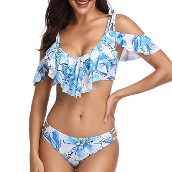 

2019 New Arrival Ruffled Coat Sexy Deep V Designed Swimsuits Swimming Pant Triangle Designed Beachwear Bikini Sets