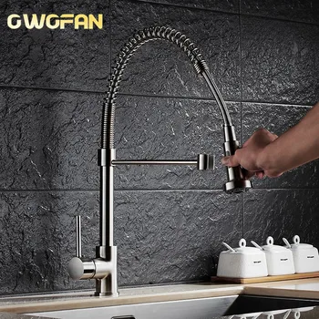 

Kitchen Faucets Brush Brass Faucets for Kitchen Sink Single Lever Pull Out Spring Spout Mixers Tap Hot Cold Water Crane N22-059