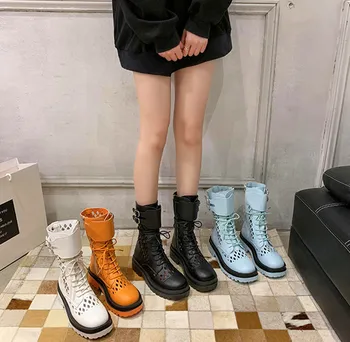 

New Women Lace Nubuck Flat Heels Winter Snow Boots Shoes Women's Flock Plush Padded Winter Long Riding Motorcycle Boots Shoes