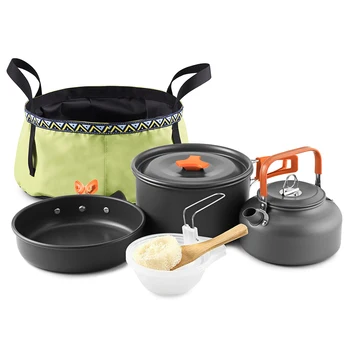 

10Pcs Camping Cookware Mess Kit Outdoor Backpacking Cooking Picnic Bowl Pot Pan Set Kettle with Folding Wash Basin Bucket