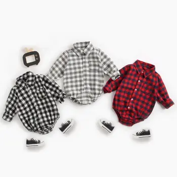 

New Spring Baby Boy Clothes Cute Plaid Pattern Baby Boy Onesies Fashion Classic Long-sleeved 0-3T Lapel Newborn Baby Clothes