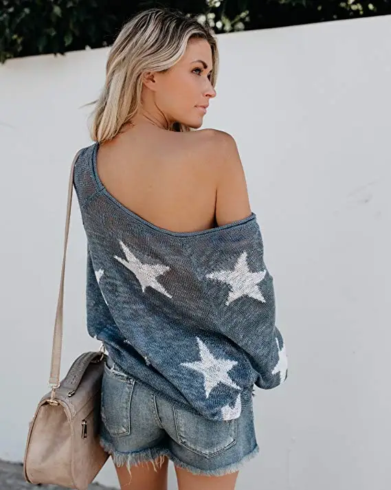 Sexy Off Shoulder Knitted Sweater Woman Autumn Streetwear Casual Loose V-Neck Stars Long Sleeve Print Pullover Large Size Tops (8)