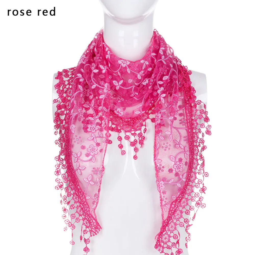Новые модные кружевные прозрачные шарфы с цветочным принтом треугольная вуаль церковные обертывания мантилия платок-шарф с кисточками простой удобный - Цвет: rose red