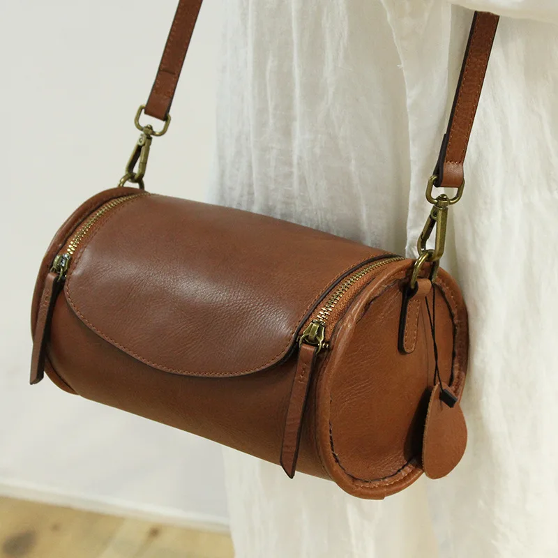Retro Genuine Leather Baguette shape Handbag New Fashion Women Shoulder Bags Ladies Cylinder Hand Bag Sac Main Femme 2020 | Багаж и сумки