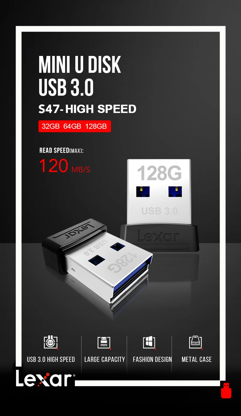 Lexar JumpDrive S47 UBS 3,0 флэш-накопитель 32 Гб 64 Гб 128 ГБ USB 3,0 высокоскоростной Мини Авто USB флэш-накопитель
