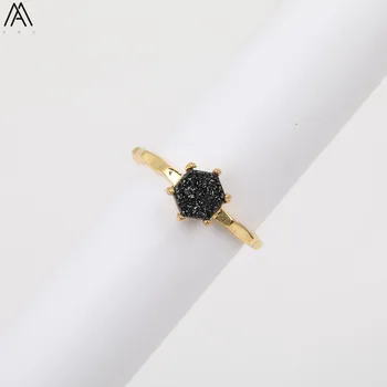

5PCS/Lot Natural Drusy Geode Agates Hexagon Beads Gold Adjustable Rings For Women Druzy Rings Handmade Boho Jewelry HS-57AMAB
