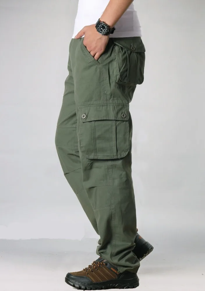 Весенне-осенние мужские брюки большого размера с несколькими карманами, мужские брюки для спорта на открытом воздухе, скалолазания, кемпинга, пеших прогулок, свободные прямые брюки-карго - Цвет: Pure Green
