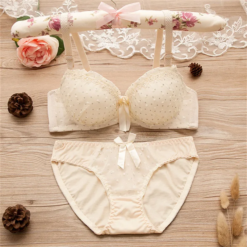 Maiden Cotton Underwear Set Lace Floral Bra Suits for Women Small Cup Students Lingerie Cute Bars Triangle Panties 2Pcs Outfits bra and panty sets