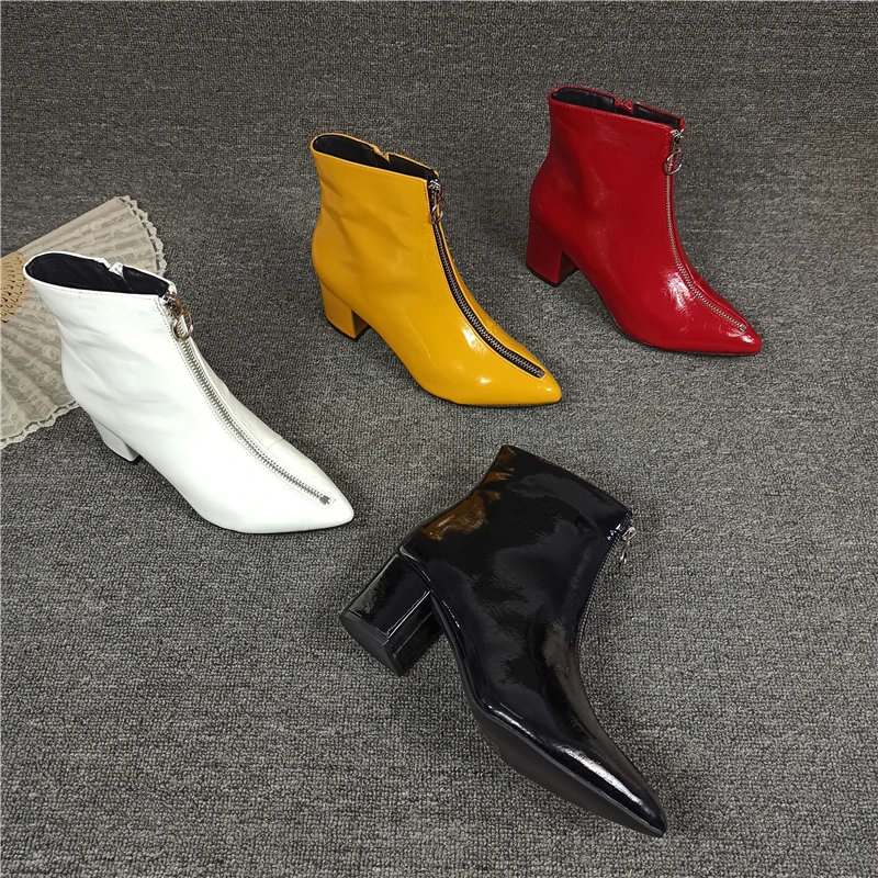 

Brand Women's Shoes Booties Woman 2019 High Heels White Ankle Boots Zipper Fashion Stiletto Low Large Size Leather Pointy