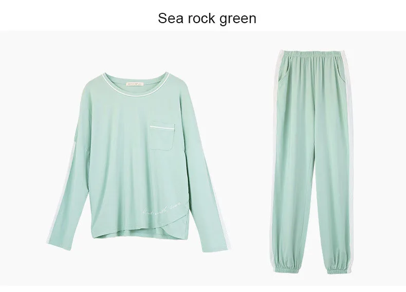 Sea rock green Модная женская одежда для отдыха буквы осенние женские пижамы с длинными рукавами круглый воротник хлопковые пижамы устанавливает ночную рубашку - Цвет: Sea rock green