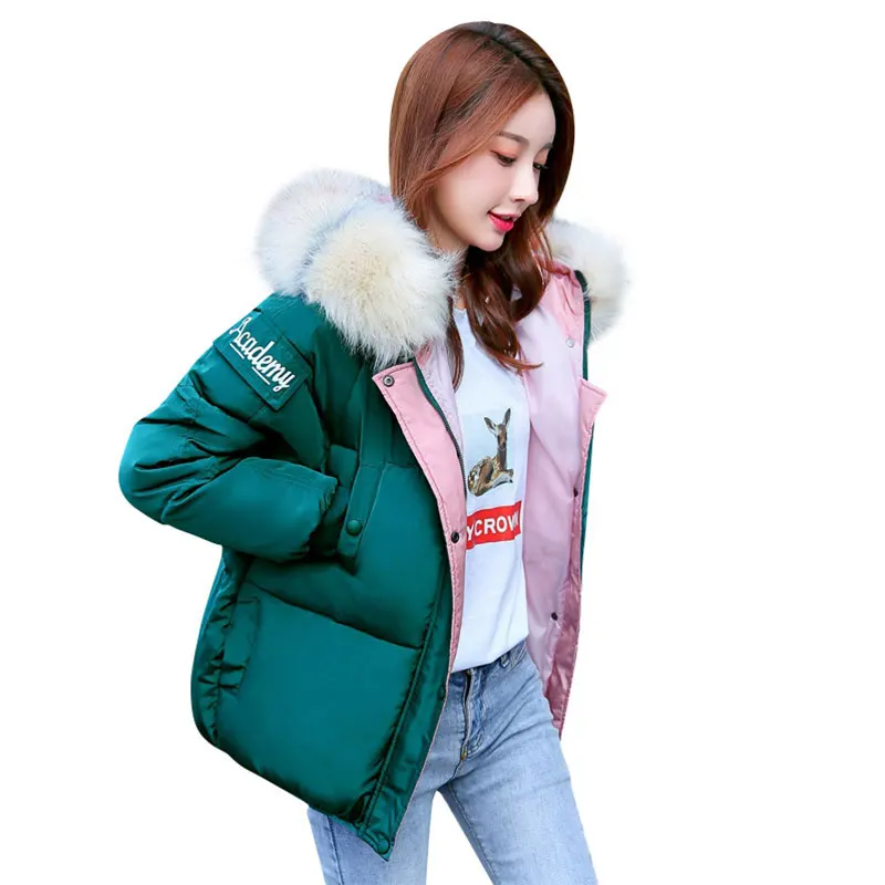 

Short Hooded Fur Collar Winter Down Coat Jacket Thick Warm Women Wadded Parkas Outwear Cotton Padded Jacket Big Pocket