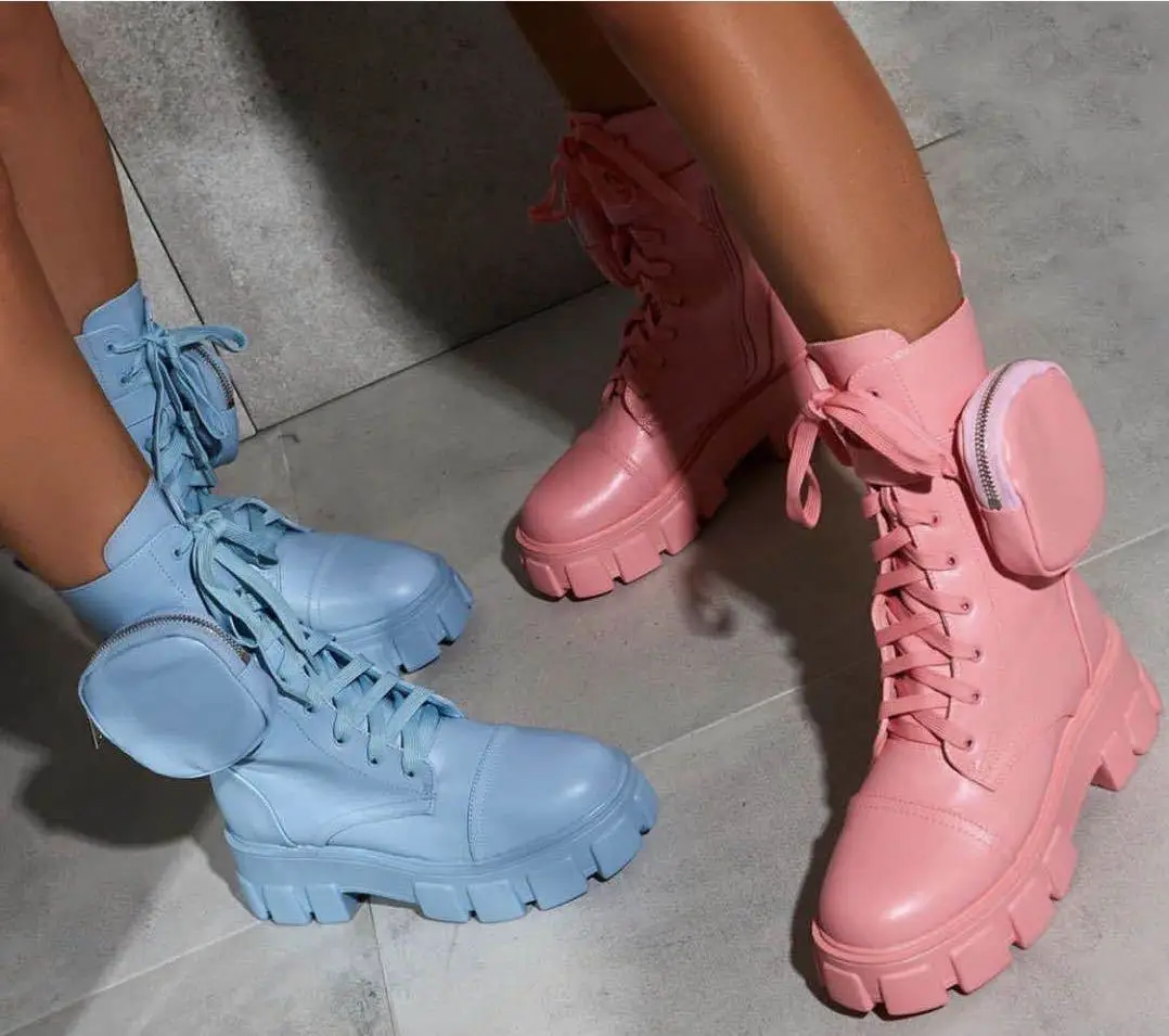 

Women Punk Shoes Cross Strap Buckle Side Zipper Cowboy Ankle Boots With Wallet Bag Increased Thick Platform Martens Boots Shoes