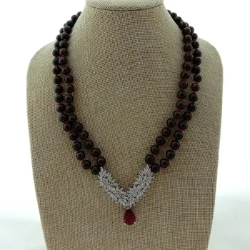 

18'' 2 Rows Natural Round Garnet Necklace CZ Pendant