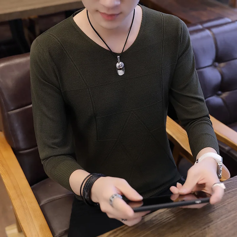 as picture V-neck Sweater Men Long-sleeved Casual Spring and Autumn Thin Tibetan Cyan Black Gray Mens Sweater Pullovers - Цвет: as picture