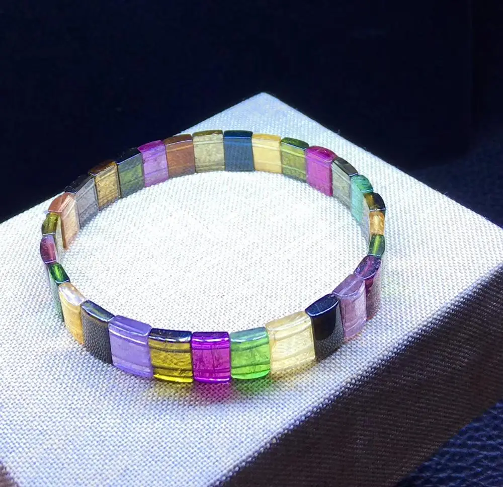 

10mm Natural Colorful Rainbow Tourmaline Clear Rectangle Beads Bangle Bracelet Women Men Love Gift Crystal Jewelry AAAAA