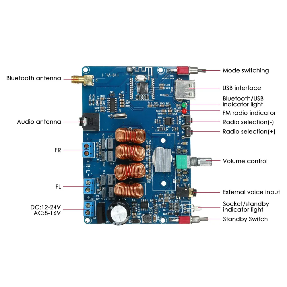 

Hot 12-24V Wireless BT Amplifier Board Module Digital Audio Receiver Amplifier BT 4.2 Audio Amp Board Headphone Dual Channel