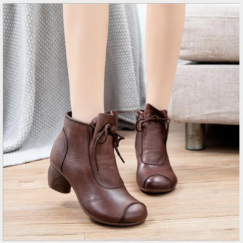 

RUSHIMAN Handmade Boots Women 2020 New Autumn Winter Genuine Leather High Heels Ankle Boots For Women Shoes Retro comfortable Sh