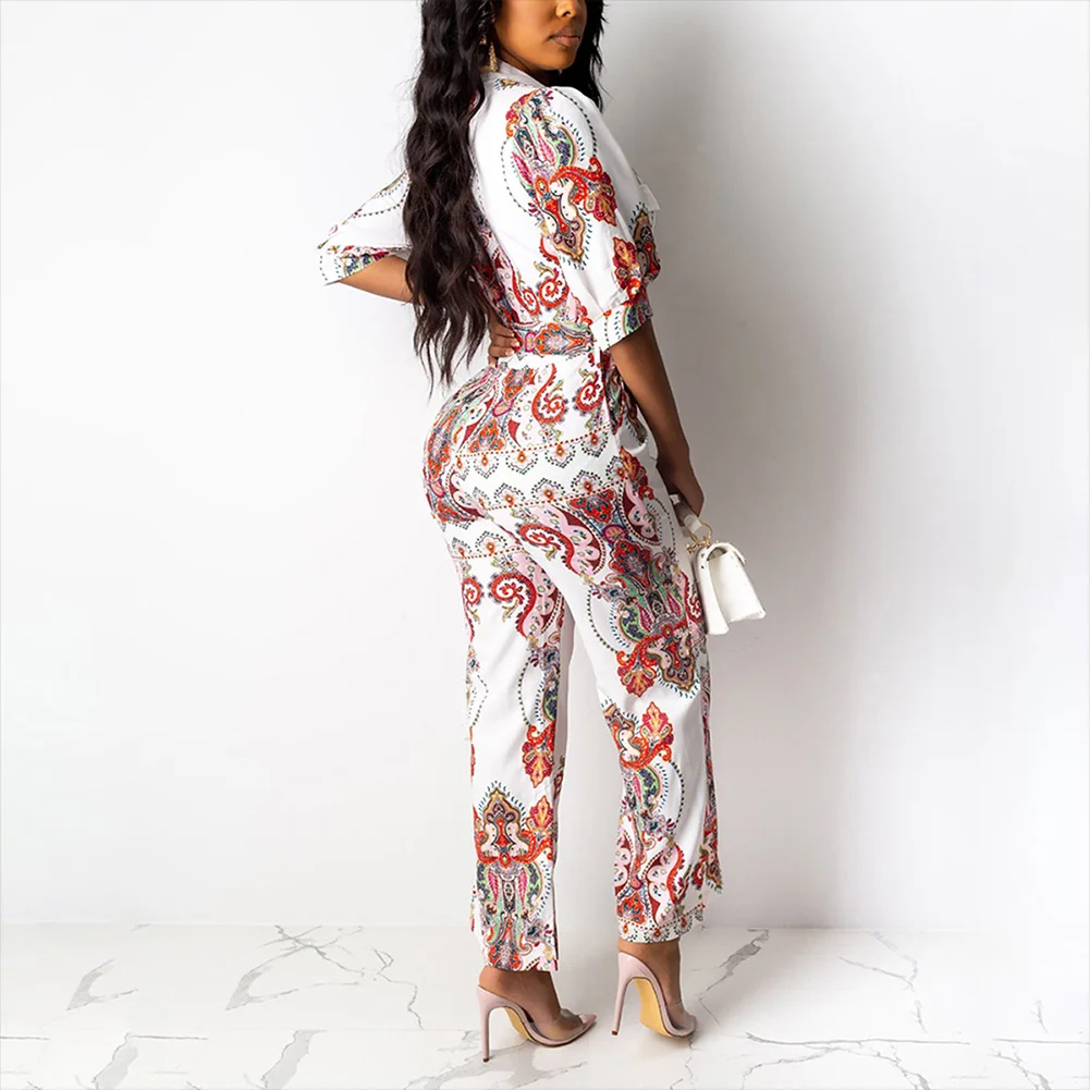 Seluxu Fall Autumn Women Jumpsuit Floral Print Jumpsuit Long Sleeve Turn-down Collar Jumpsuit Sashes Wide Leg Women Romper