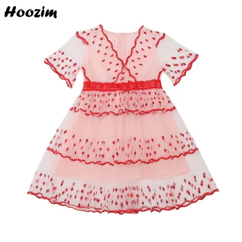 

2020 Summer Embroidery Transparent Short Sleeve Lace V Neck Dress Girls 4-11 Years Cute Tulle Chiffon Knee Length Dresses Child
