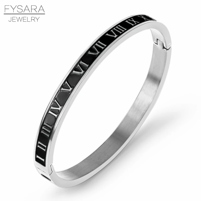 black silver FYSARA винтажные римские буквенные браслеты и браслеты для женщин и мужчин черная подвеска золотого цвета манжеты браслеты из нержавеющей стали ювелирные изделия - Окраска металла: black silver
