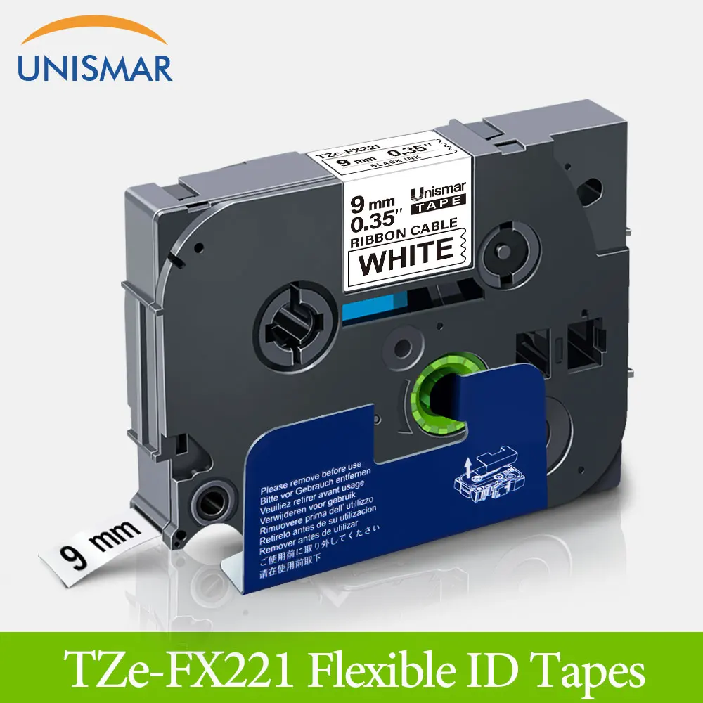 Unismar TZe-FX221 3/8" 9mm Flexible Tape for Brother Black on White TZ FX211 TZe TZ-FX211 P-touch Label Maker |