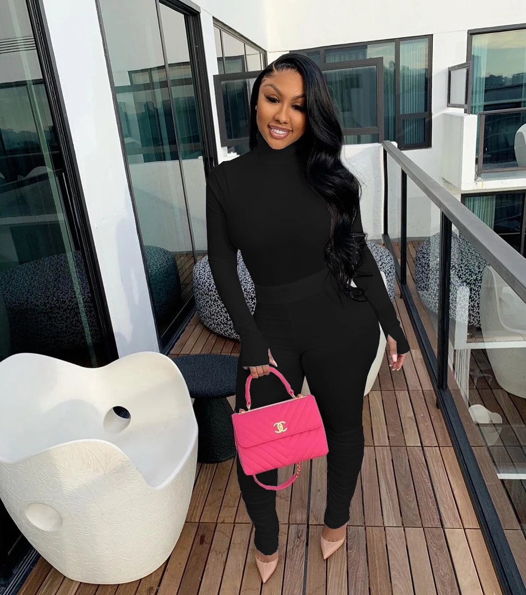 

Women 2020 Fall Two Piece Casual Suit Fashion Solid Color High Neck Pleated Long Sleeve Pullovers Tops Elastic Waist Trousers