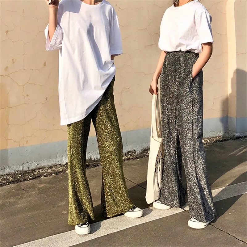 Женские Золотые Серебряные широкие брюки уличная мода блестящая эластичная талия брюки палаццо