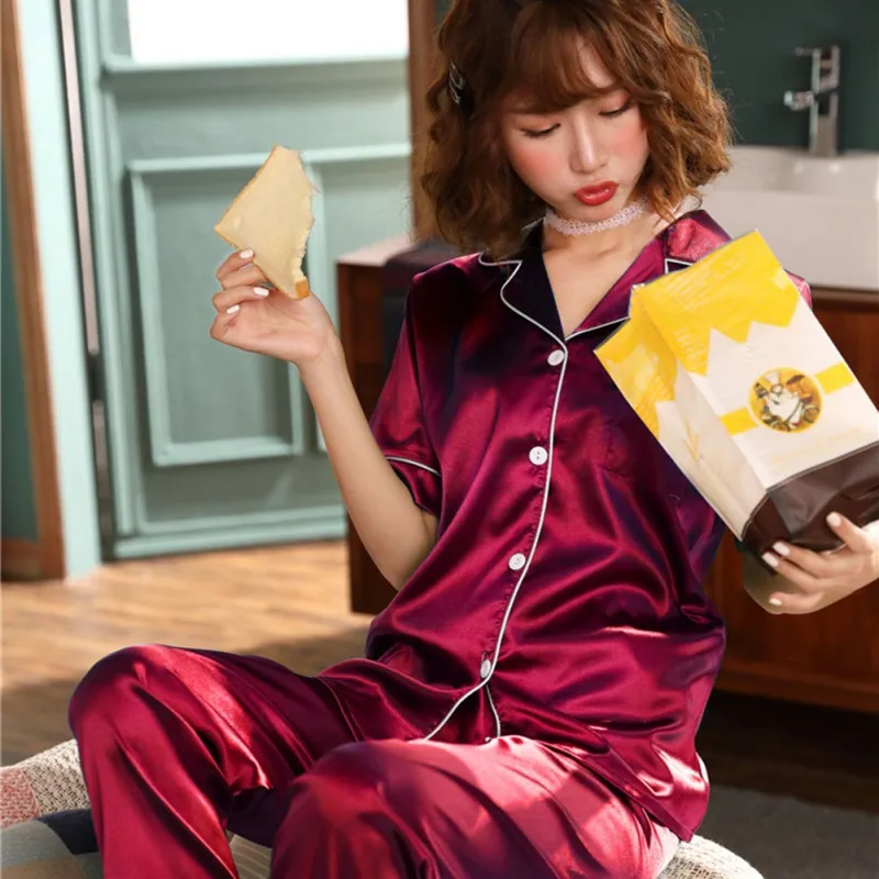 Женский комплект из двух предметов для сна; Шелковая атласная пижама; Пижамный костюм; одежда для отдыха; женские пижамы; пижамный комплект