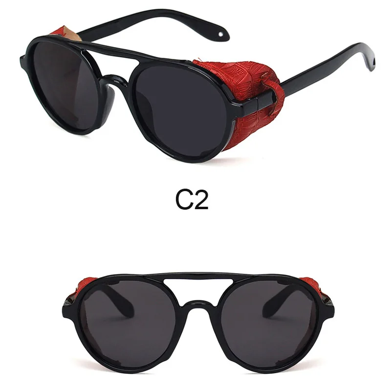 Модные круглые солнцезащитные очки в стиле стимпанк, Мужские Винтажные Солнцезащитные очки в стиле панк, мужские ретро кожаные очки унисекс, крутые черные очки - Цвет линз: 2