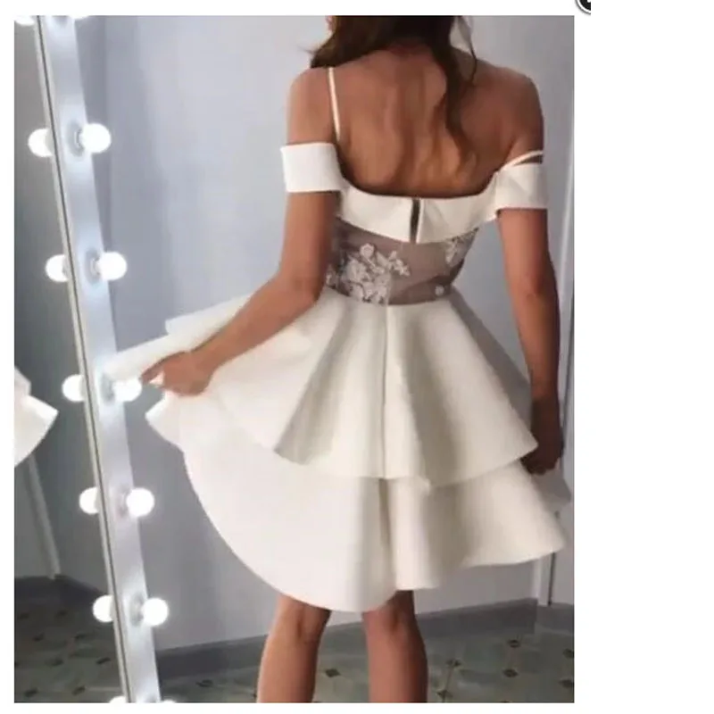 Off The Shoulder Wedding Dress Short White Satin Appliqued Lace Bride Dresses Above Knee Length Backless Wedding Gowns