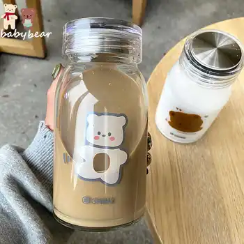 

450ml Cartoon Bear Glass Water Bottle Thick Heat Resistance Drinking Bottles Cute Milk Coffee Tumblers for Student Girl Gift