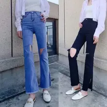 HCBLESS Модные Винтажные женские джинсы женские Ретро рваные джинсы Широкие брюки женские случайный звонок-Брюки расклешенные брюки женские